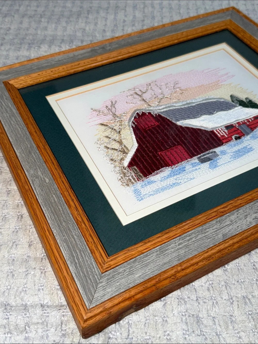 Vtg Needlepoint Embroidered Red Barn Winter Crewel Barn wood Frame Wall Hanging